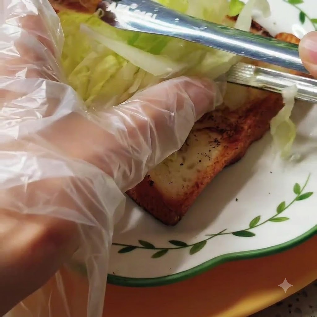 Un paio di pinze che posizionano insalata fresca tagliata sopra una fetta di pane tostato dorato.