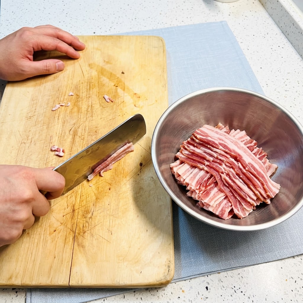 Fette di pancetta di maiale tagliate su un tagliere di legno e messe in una ciotola di metallo.