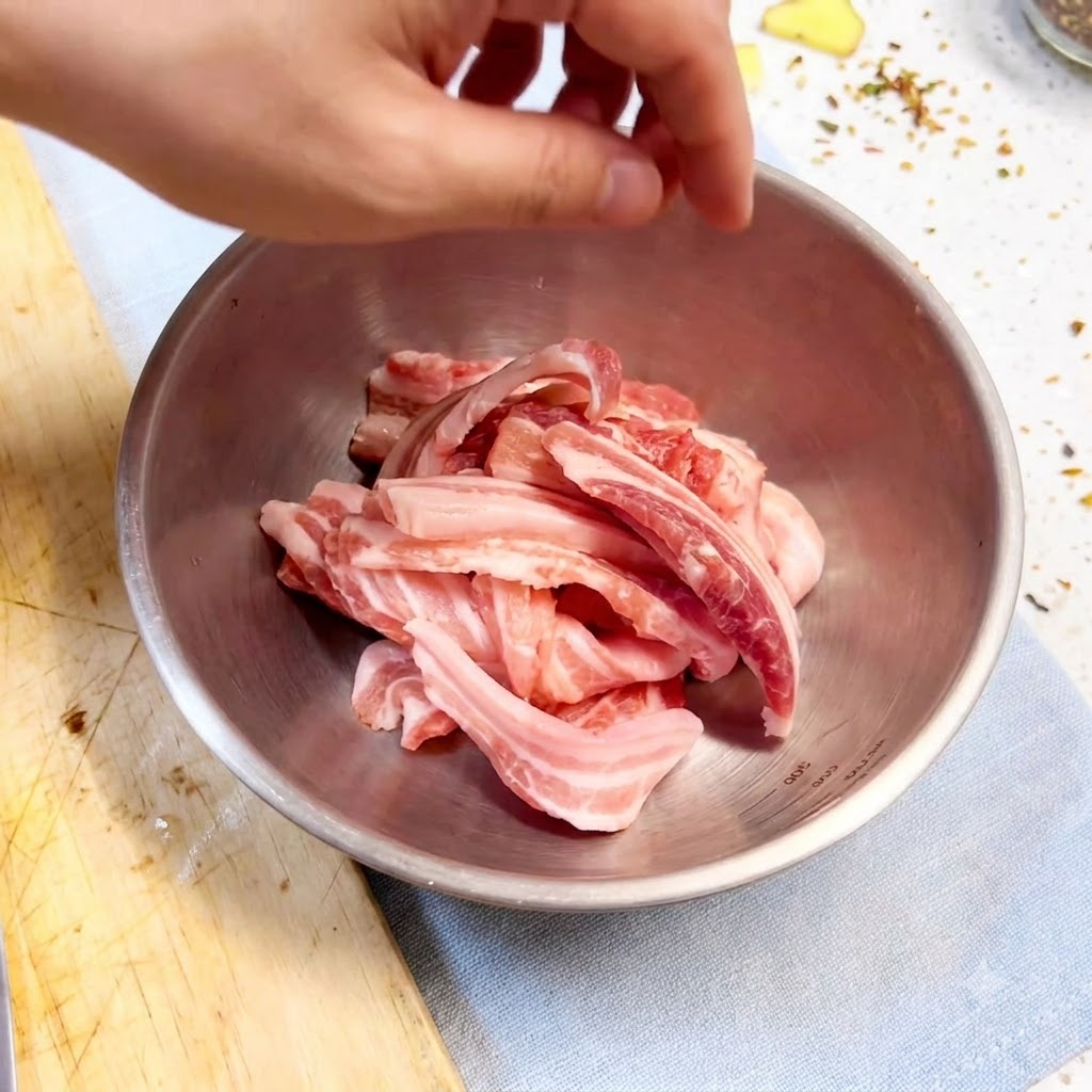 Mano guantata che mescola le fette di pancetta di maiale con condimenti e aromi in una ciotola di metallo.