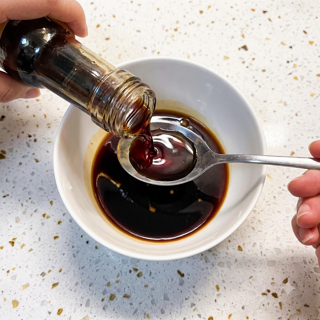 Condimento liquido versato da una bottiglia in una ciotola bianca contenente altri ingredienti della salsa.