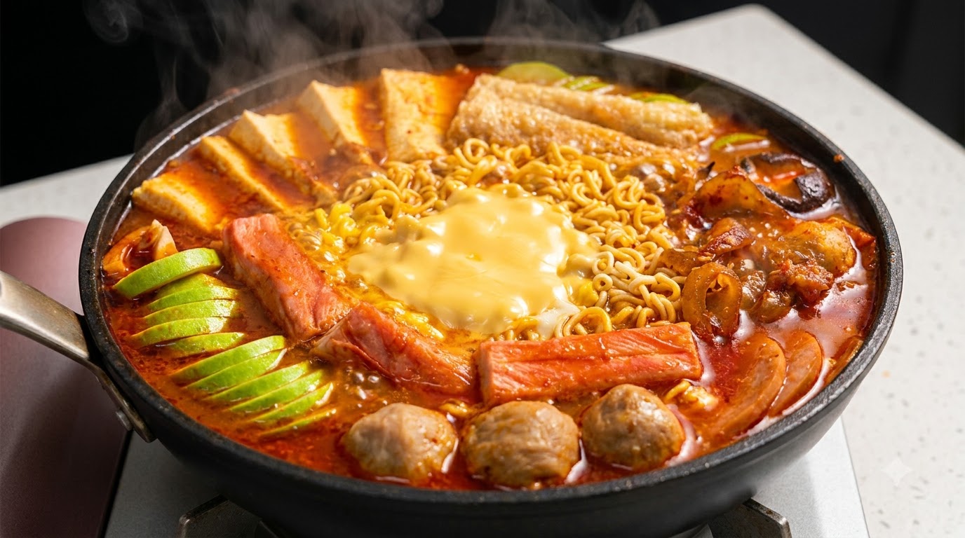 Una pentola bollente di stufato militare coreano riempito con noodles di ramen, formaggio fuso, spam, tofu e un ricco brodo piccante.