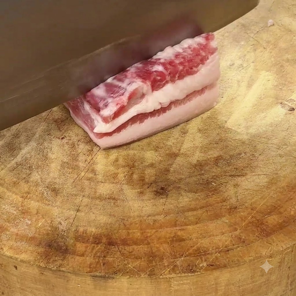 Una mannaia affilata che taglia una striscia di pancetta di maiale cruda in porzioni uguali su un tagliere di legno consumato.