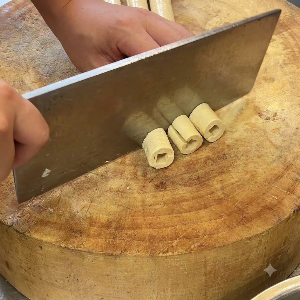 Una mannaia da cucina che taglia involtini cilindrici di pelle di tofu idratati su un tagliere.