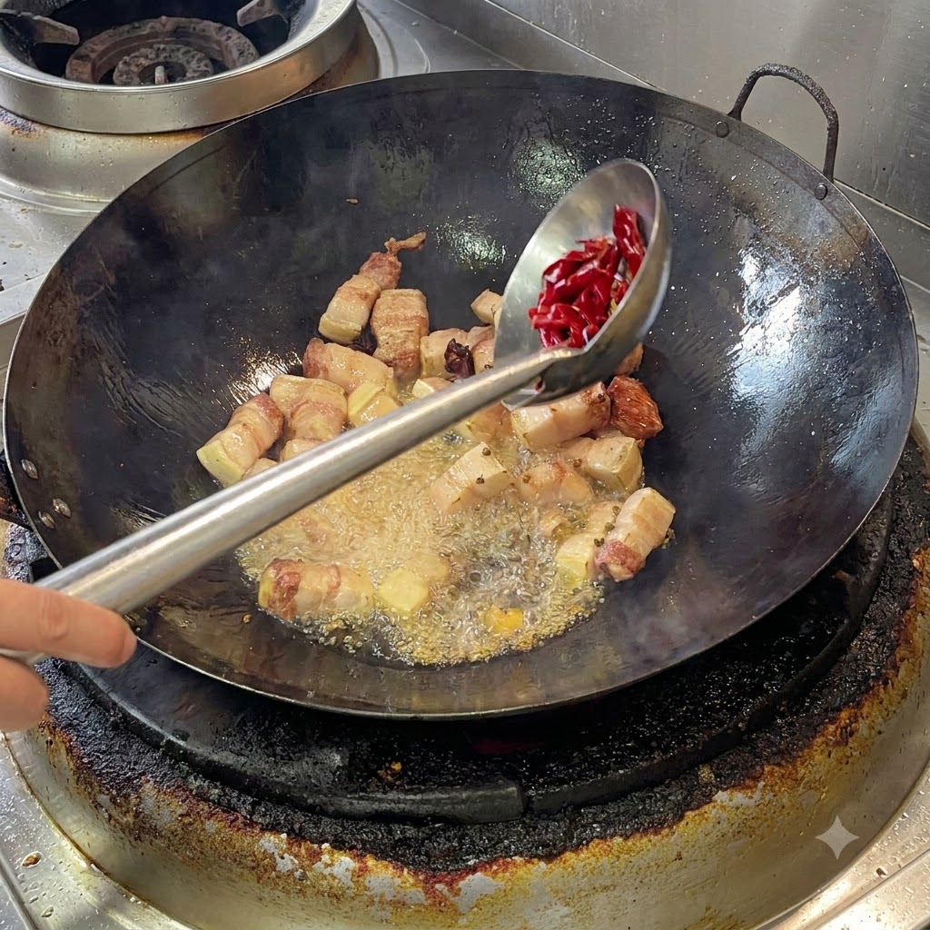 Un mestolo che aggiunge peperoncini secchi di un rosso acceso e pepe di Sichuan in un wok con la pancetta di maiale in cottura.