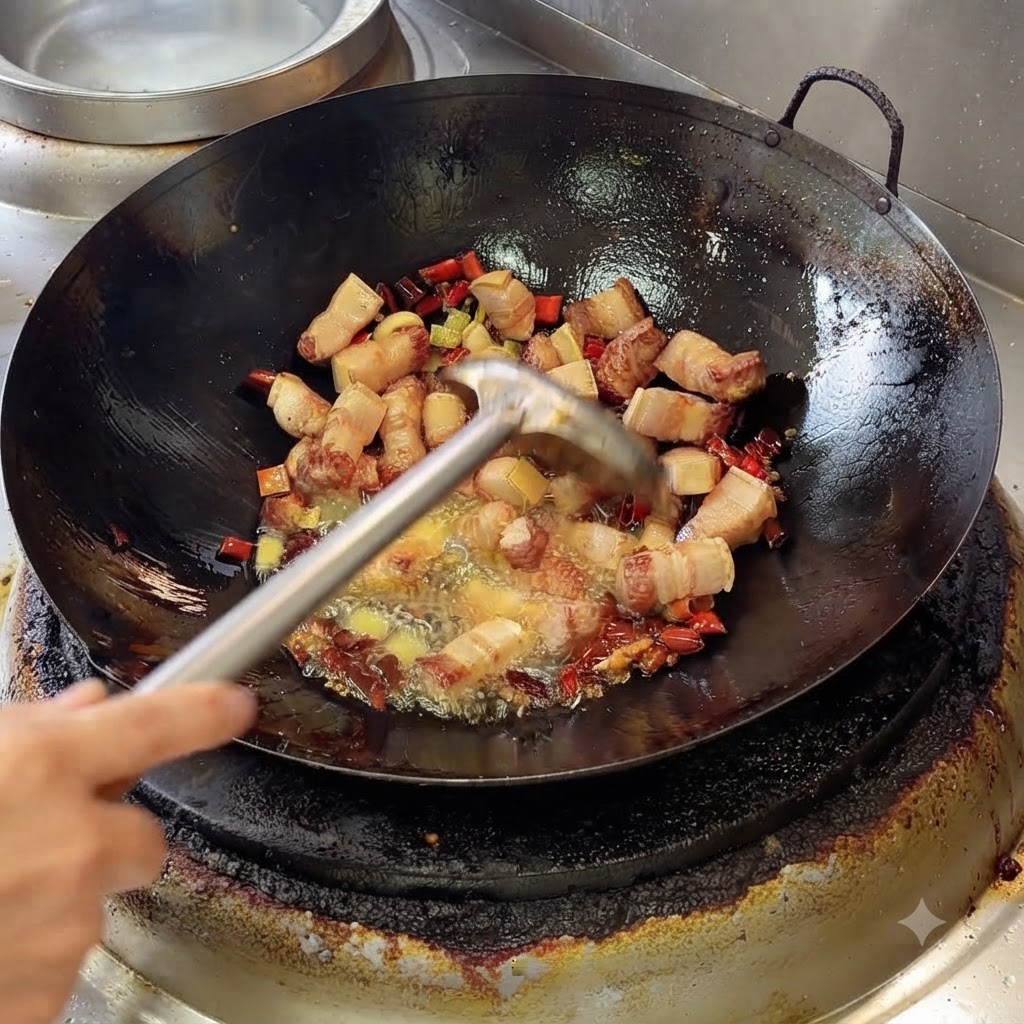 Un mestolo che mescola la pasta di fagioli e gli aromi con la pancetta di maiale sfrigolante allinterno di un wok.