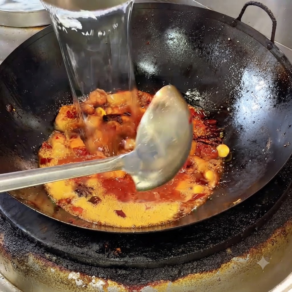 Brodo chiaro versato da un contenitore in un wok condito pieno di pancetta di maiale e spezie.