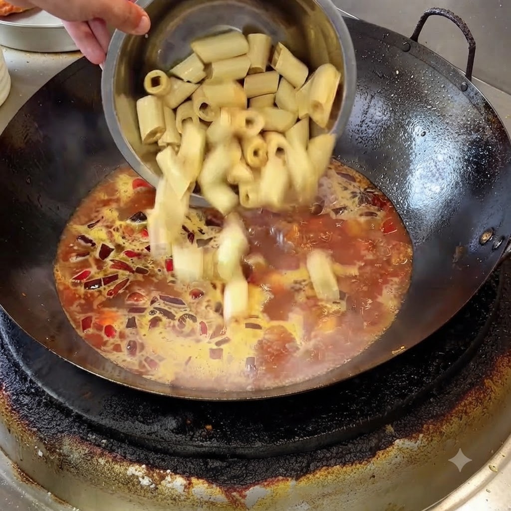 Involtini cilindrici di pelle di tofu tagliati versati da una ciotola dacciaio in un brodo rosso gorgogliante in un wok.