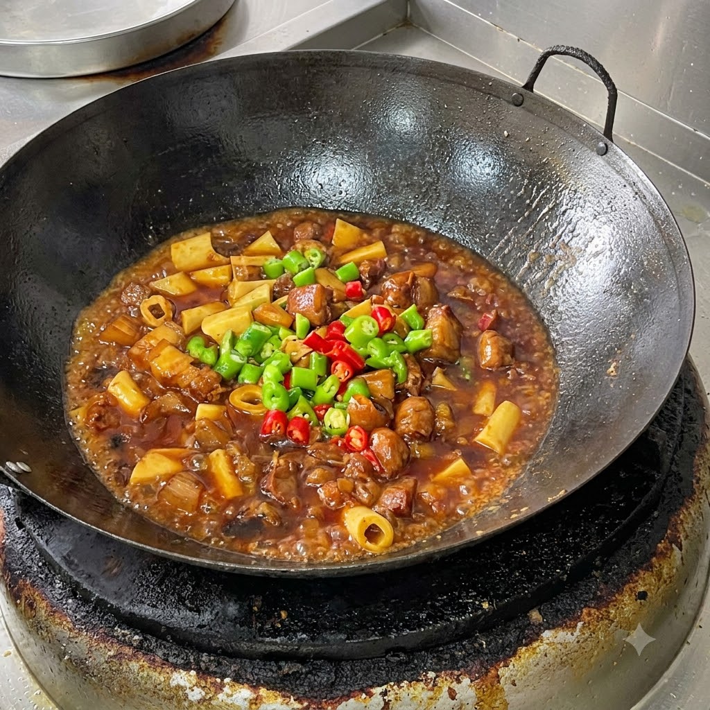 Un primo piano della pancetta di maiale brasata e della pelle di tofu in un wok, guarnita con peperoncini verdi e rossi freschi tritati appena aggiunti.