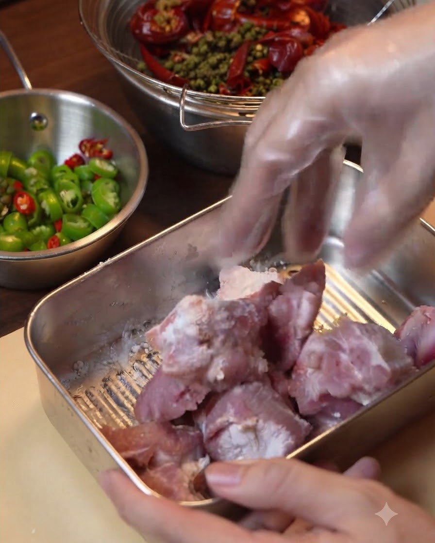 Pezzi di costolette di maiale che friggono in un wok pieno di olio bollente.