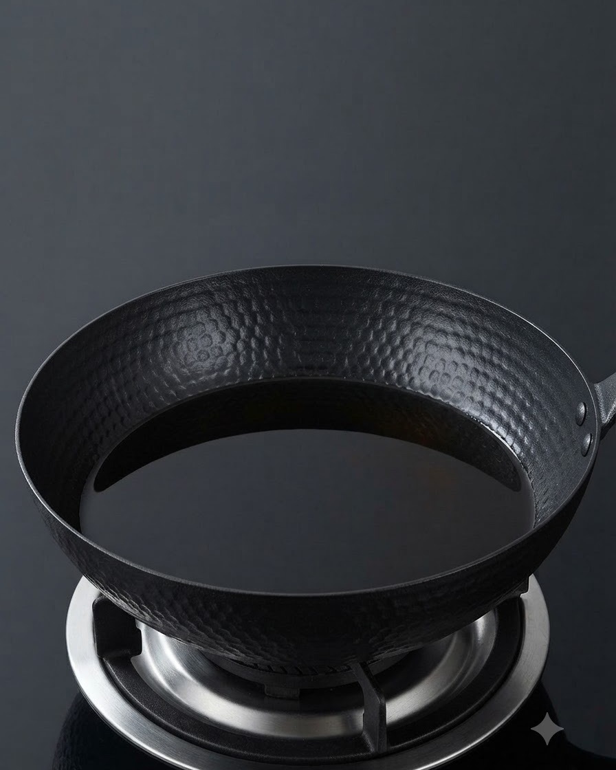 Un wok nero pieno di olio per friggere su un piano cottura a induzione.