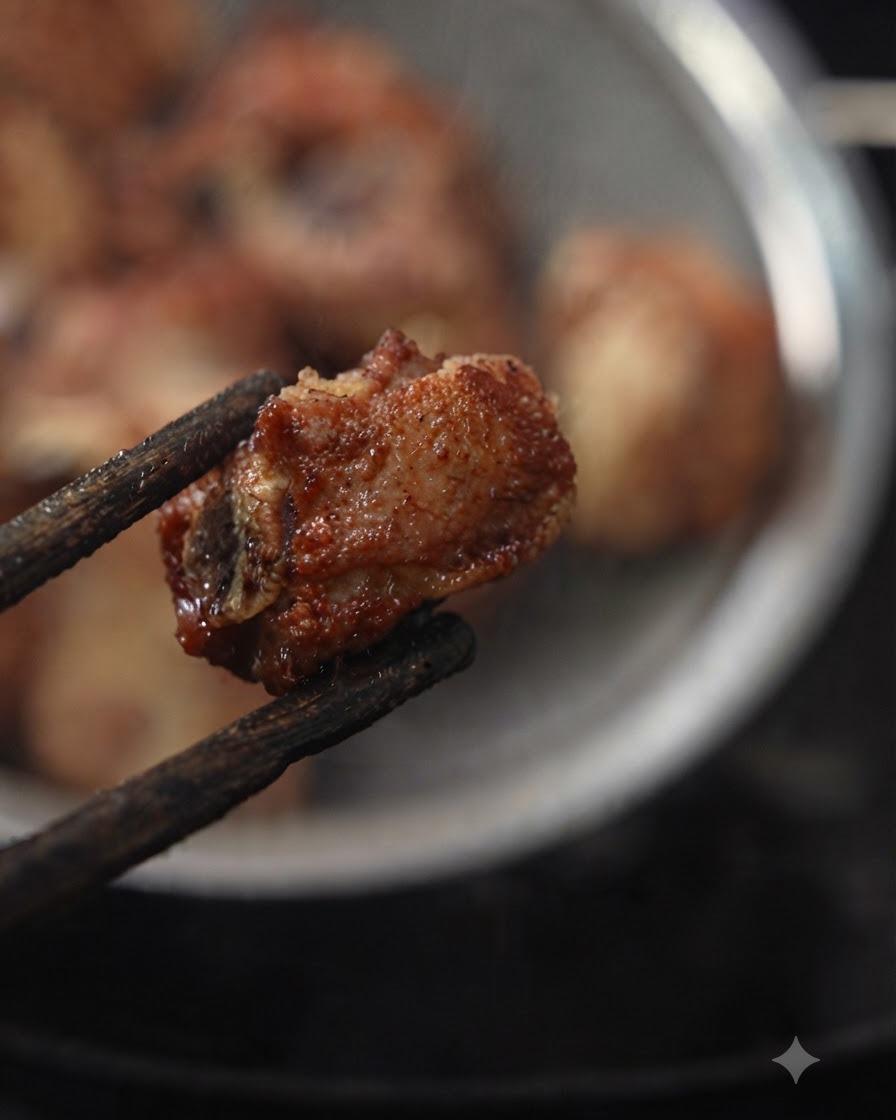Un pezzo di costoletta fritta tenuta su da bacchette di legno scuro sopra un colino di acciaio inossidabile.