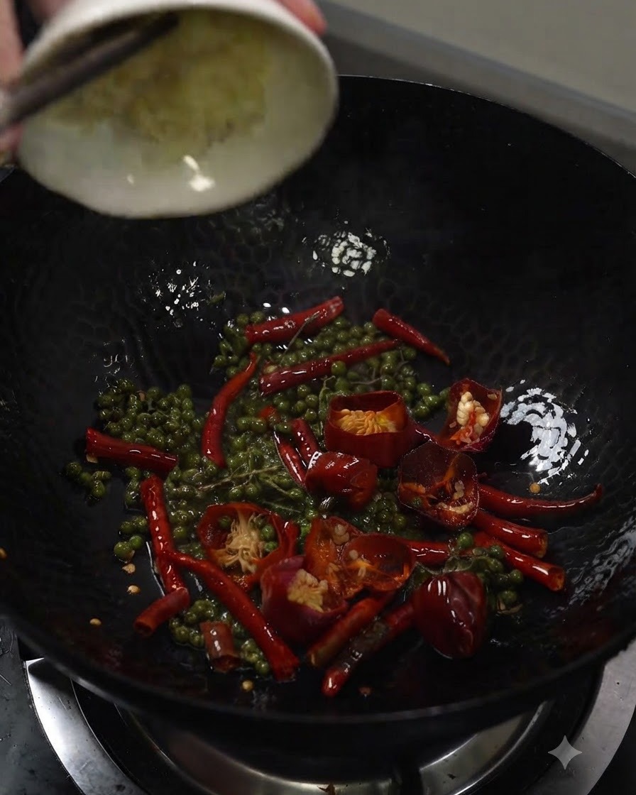 Aglio tritato versato da una ciotolina bianca in un wok contenente pepe di Sichuan e peperoncini secchi.