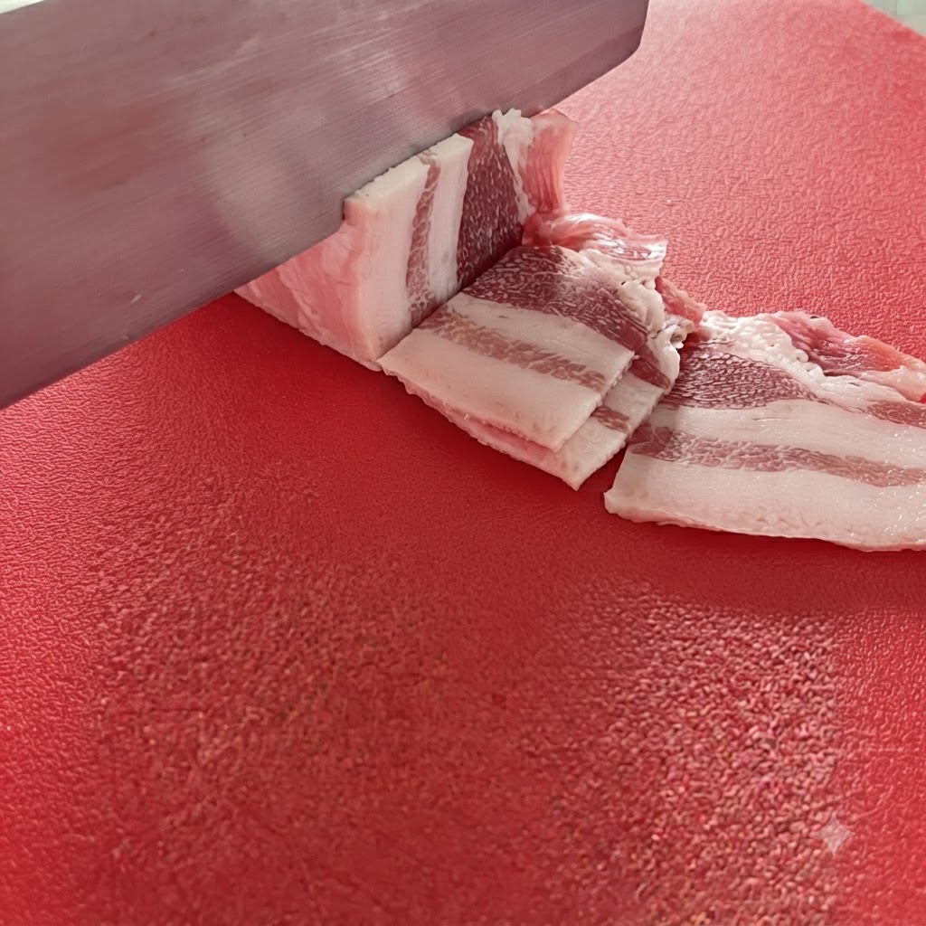 Pancetta di maiale tagliata in listarelle ordinate di 1,5 centimetri su un tagliere rosso.