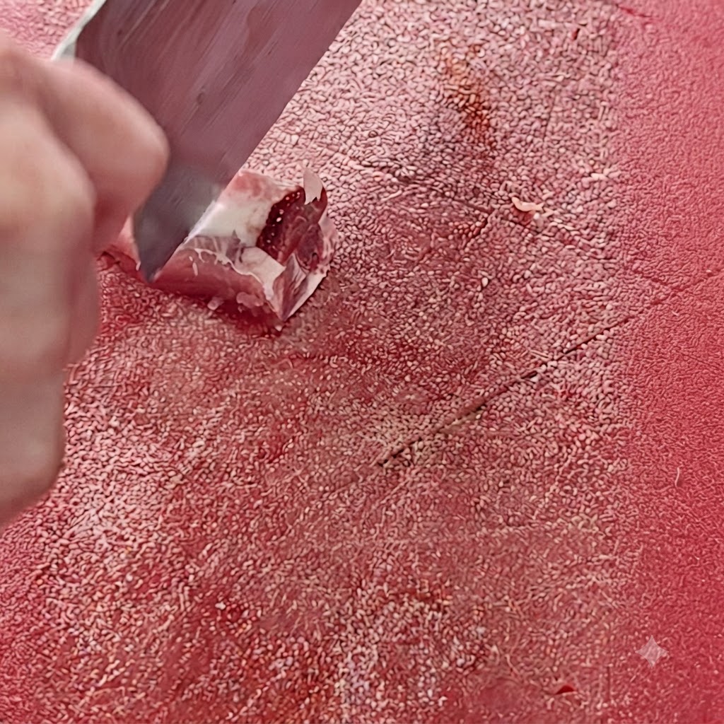 Un coltello da cucina che taglia le costine di maiale in piccoli pezzi su una superficie di taglio rossa.