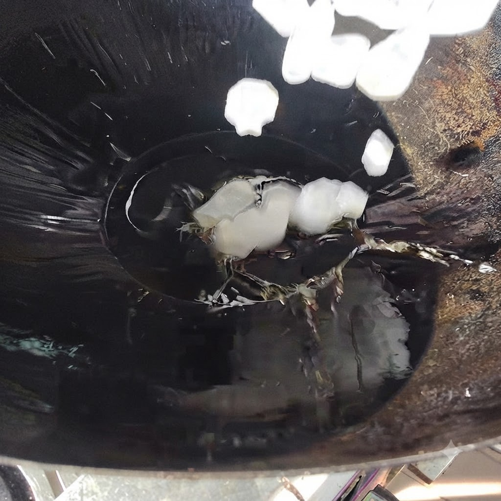 Pezzi di zucchero di canna che si sciolgono nellolio caldo allinterno di un wok mescolati con un mestolo di metallo.