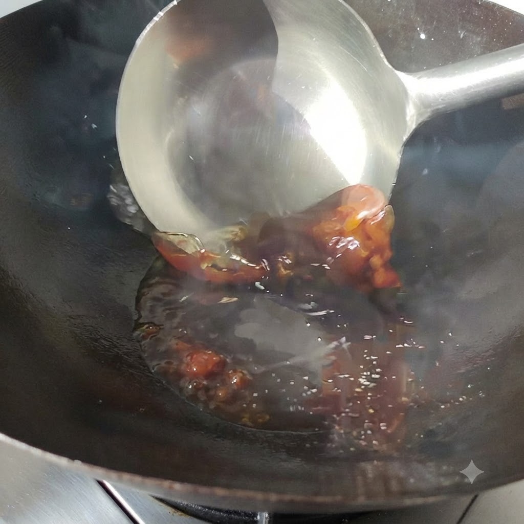 Pasta di fagioli che frigge nellolio caldo allinterno di un wok mescolata con un mestolo di metallo.
