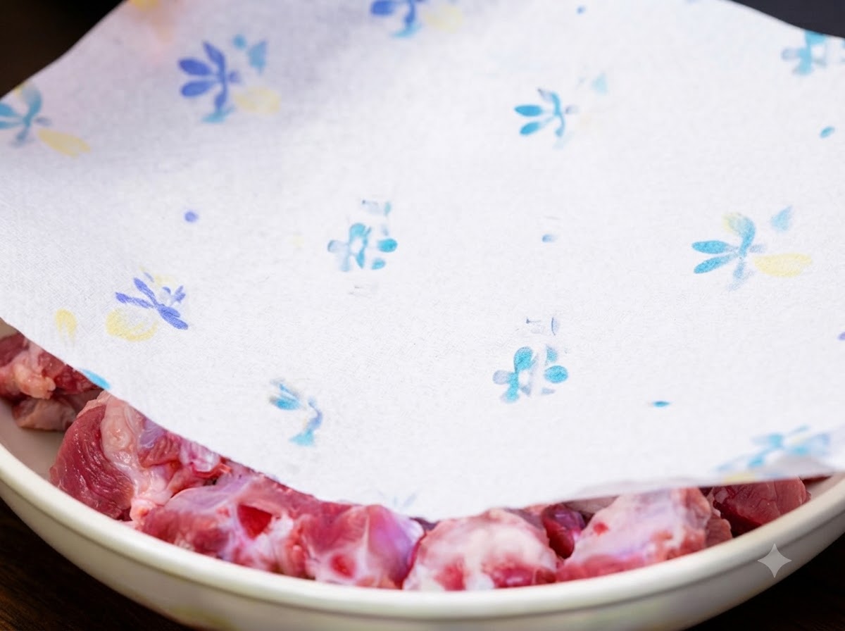 Carta da cucina premuta sulle costine lavate per assorbire lumidità superficiale.
