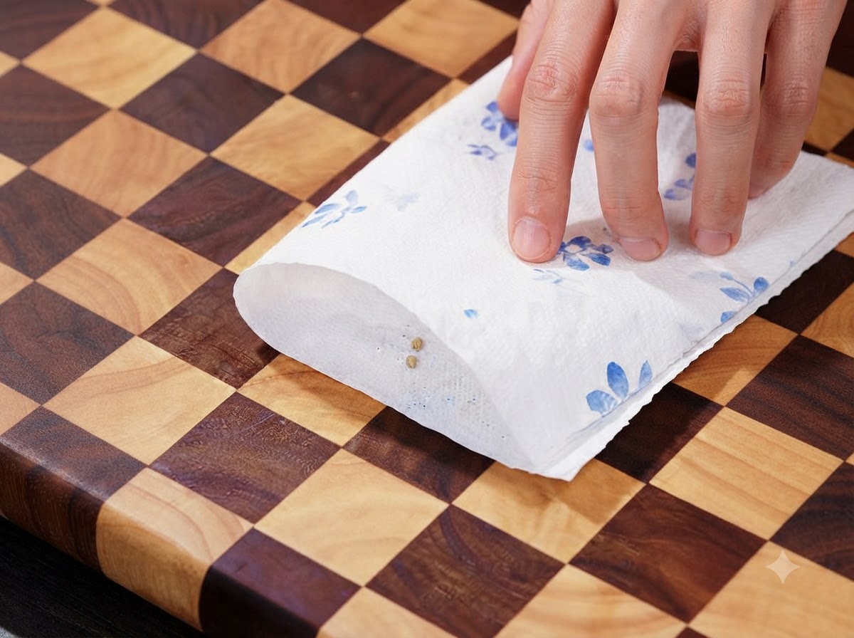 Grani di pepe bianco avvolti nella carta da cucina pestati con il dorso di un coltello da cucina.