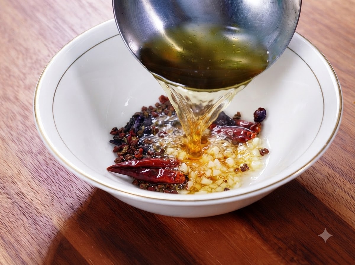 Olio caldo versato su un composto di aglio tritato, briciole di pepe e fagioli neri fermentati in una ciotola.