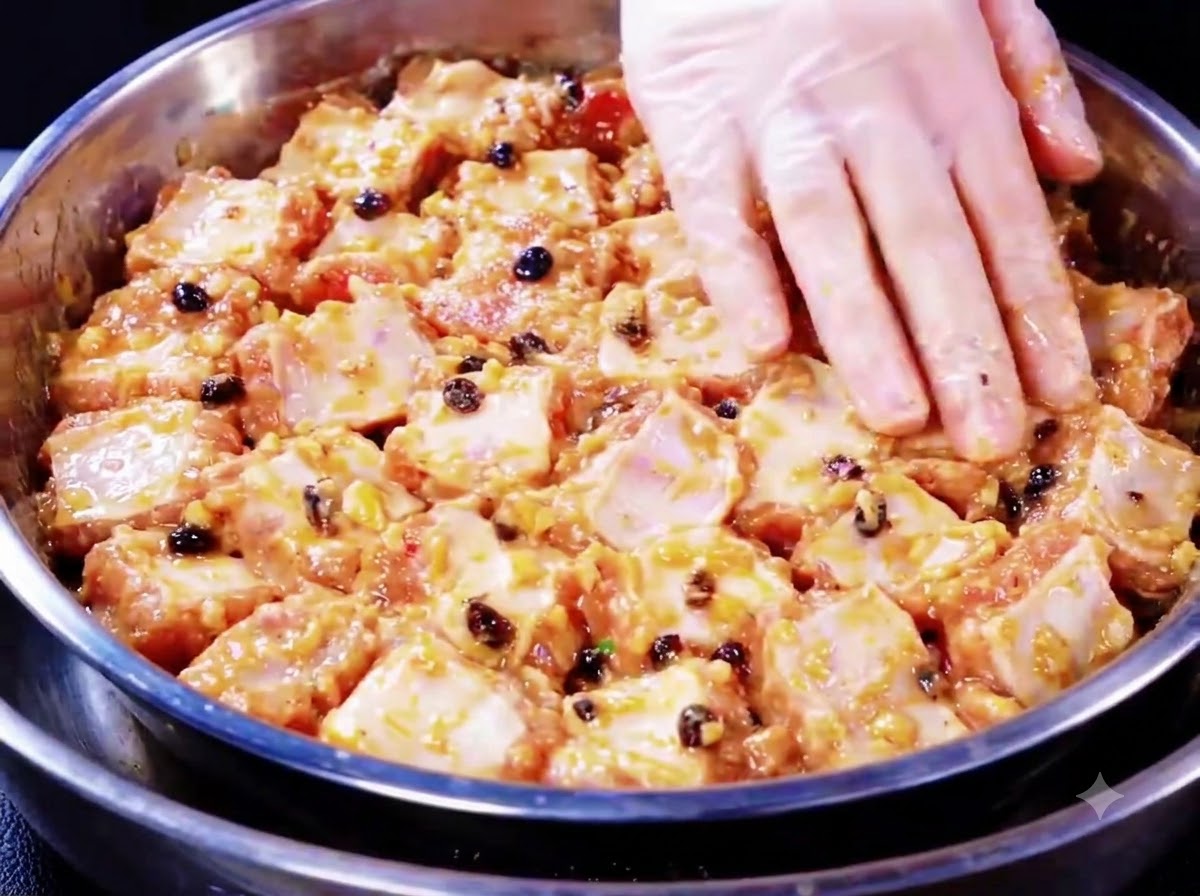 Mani con guanti che mescolano le costine marinate e i condimenti in una ciotola di metallo.