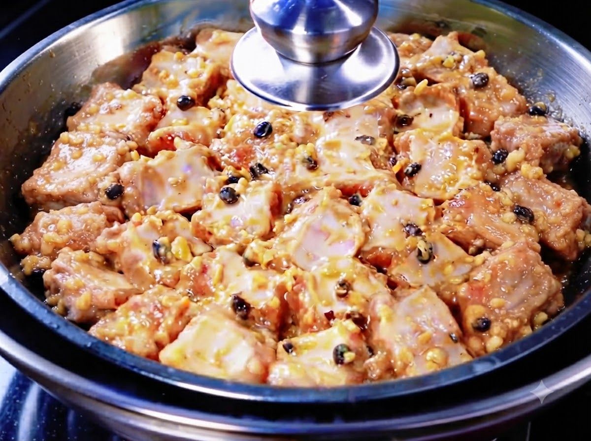 Composto di aglio, pepe e olio di fagioli neri fermentati versato sulle costine di maiale condite.