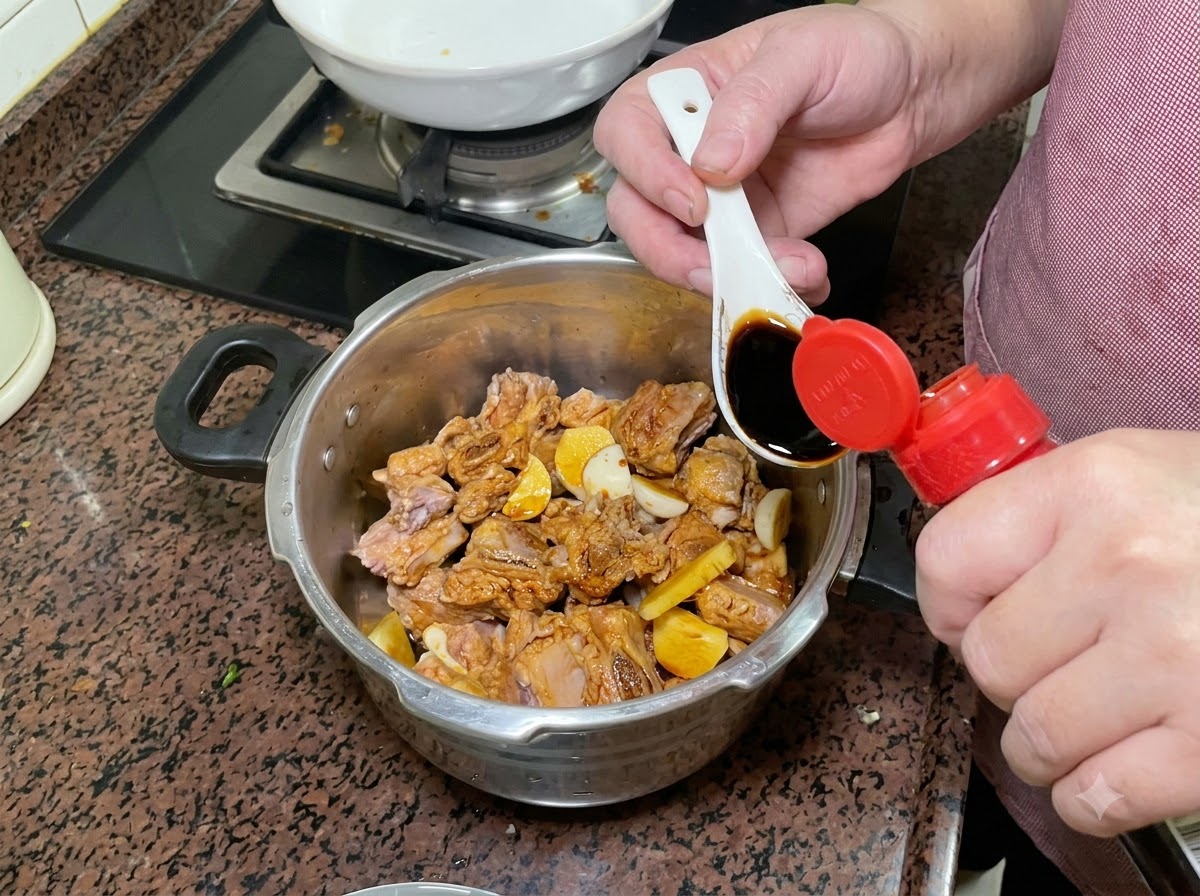 Un cucchiaio bianco che trattiene la salsa di soia scura viene svuotato nella pentola a pressione sopra le costine condite.