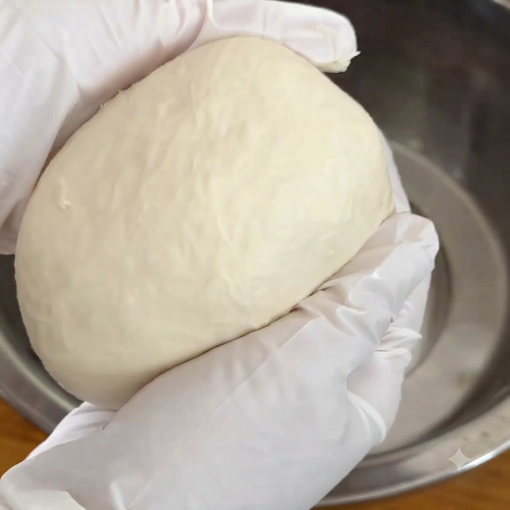 Una mano con un guanto che tiene un panetto liscio di impasto per pizza sopra un contenitore in acciaio inox.