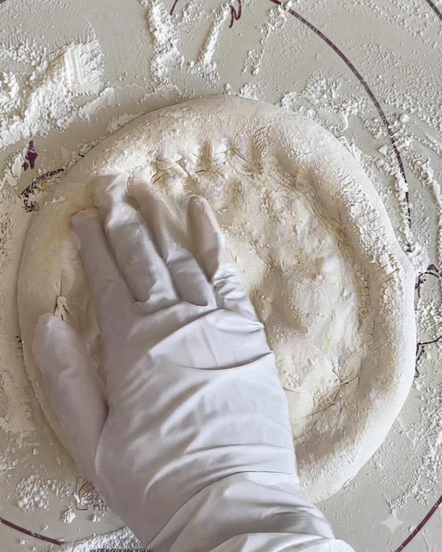 Una mano con guanto preme un panetto di pizza lievitato su un piano di lavoro infarinato.