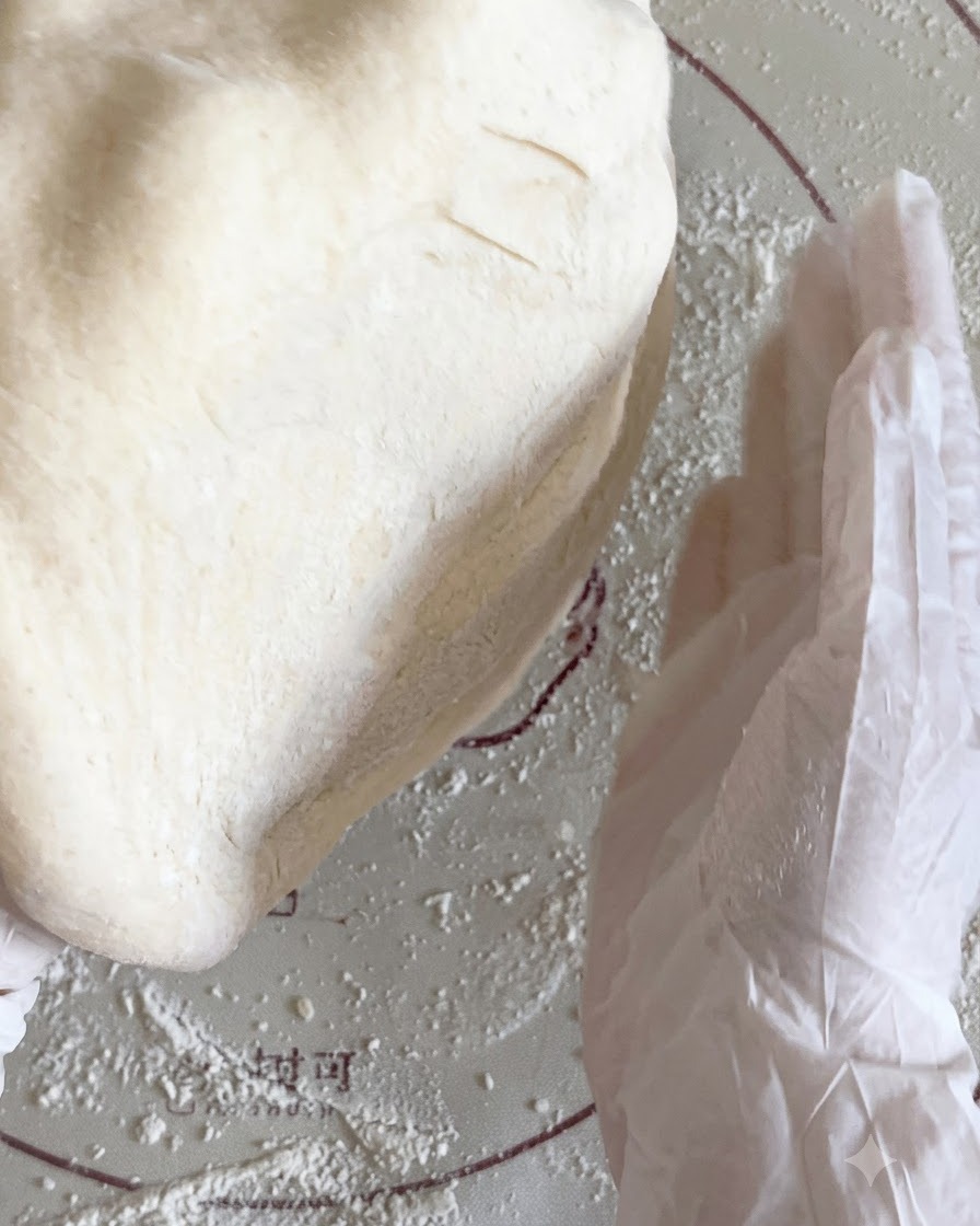 Impasto della pizza appiattito mentre viene scosso tra le mani sopra un tappetino infarinato.