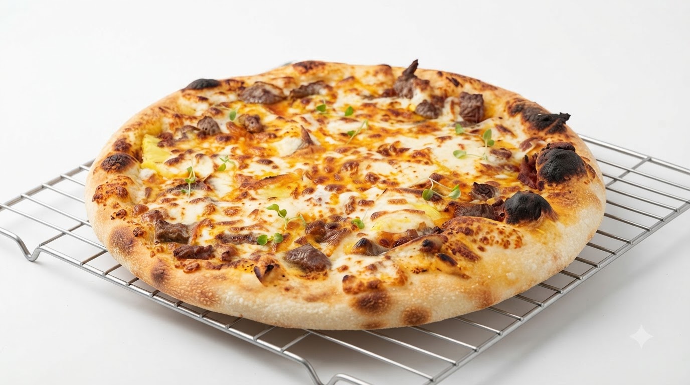 Una pizza sottile appena sfornata con manzo e ananas, appoggiata su una gratella, con il cornicione maculato e il formaggio fuso.