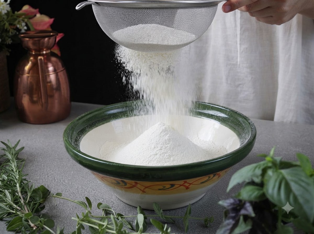 Farina tipo 00 e ingredienti secchi setacciati attraverso un colino di metallo in una ciotola grande con bordo verde.