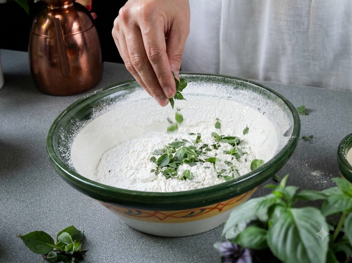 Foglie di origano verde fresco cosparse a mano sopra il composto di farina allinterno di una ciotola.
