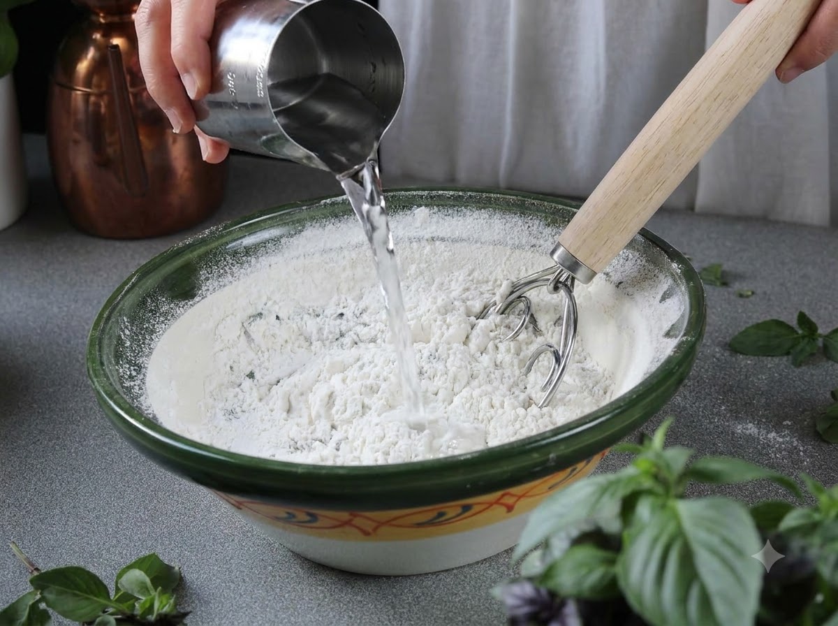 Acqua versata da una brocca di metallo in una ciotola di farina mentre viene mescolata con una frusta da cucina in legno.