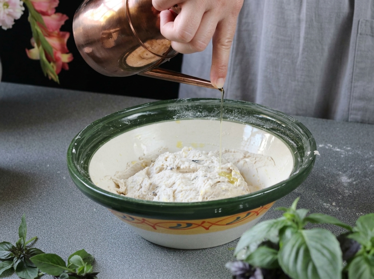 Olio doliva versato da una lattina di rame sul blocco di impasto grezzo in una ciotola.