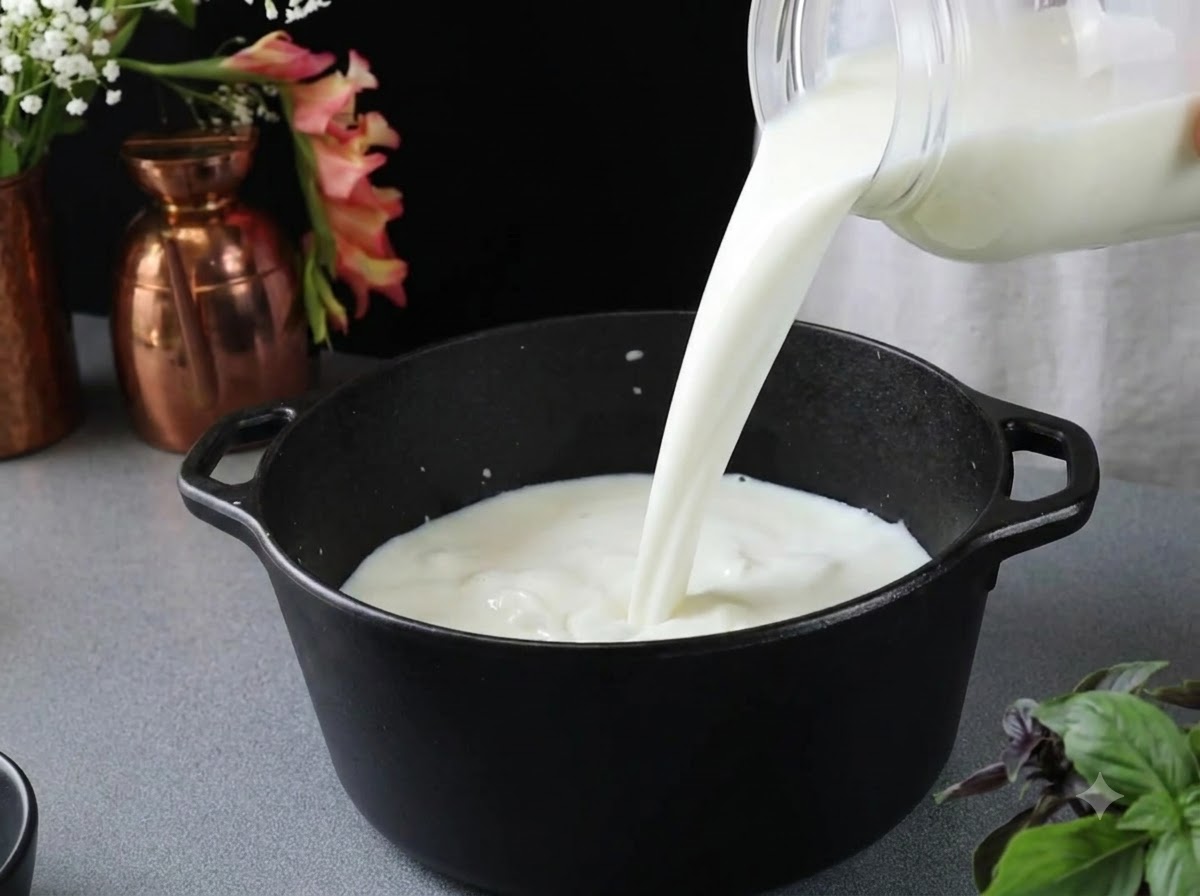 Latte fresco versato da una tanica di plastica trasparente in una pentola di ghisa nera.