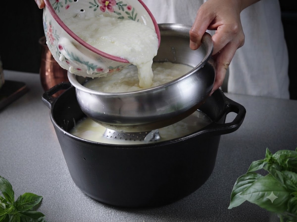 Composto di cagliata di formaggio caldo versato da una ciotola decorata attraverso un colino in una ciotola di acciaio inossidabile.