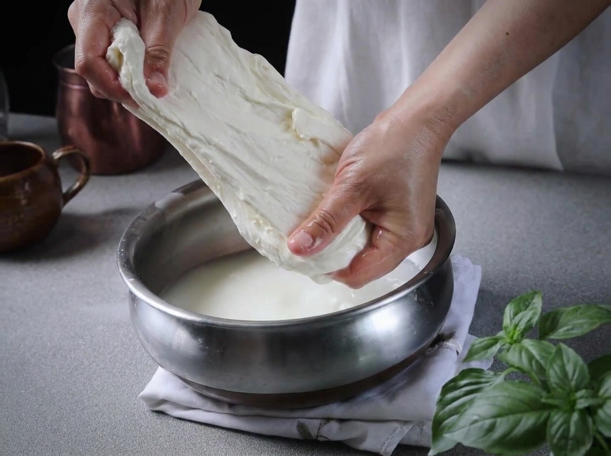 Mani che allungano e tirano un pezzo di cagliata di mozzarella bianca allinterno di una ciotola di metallo piena dacqua.