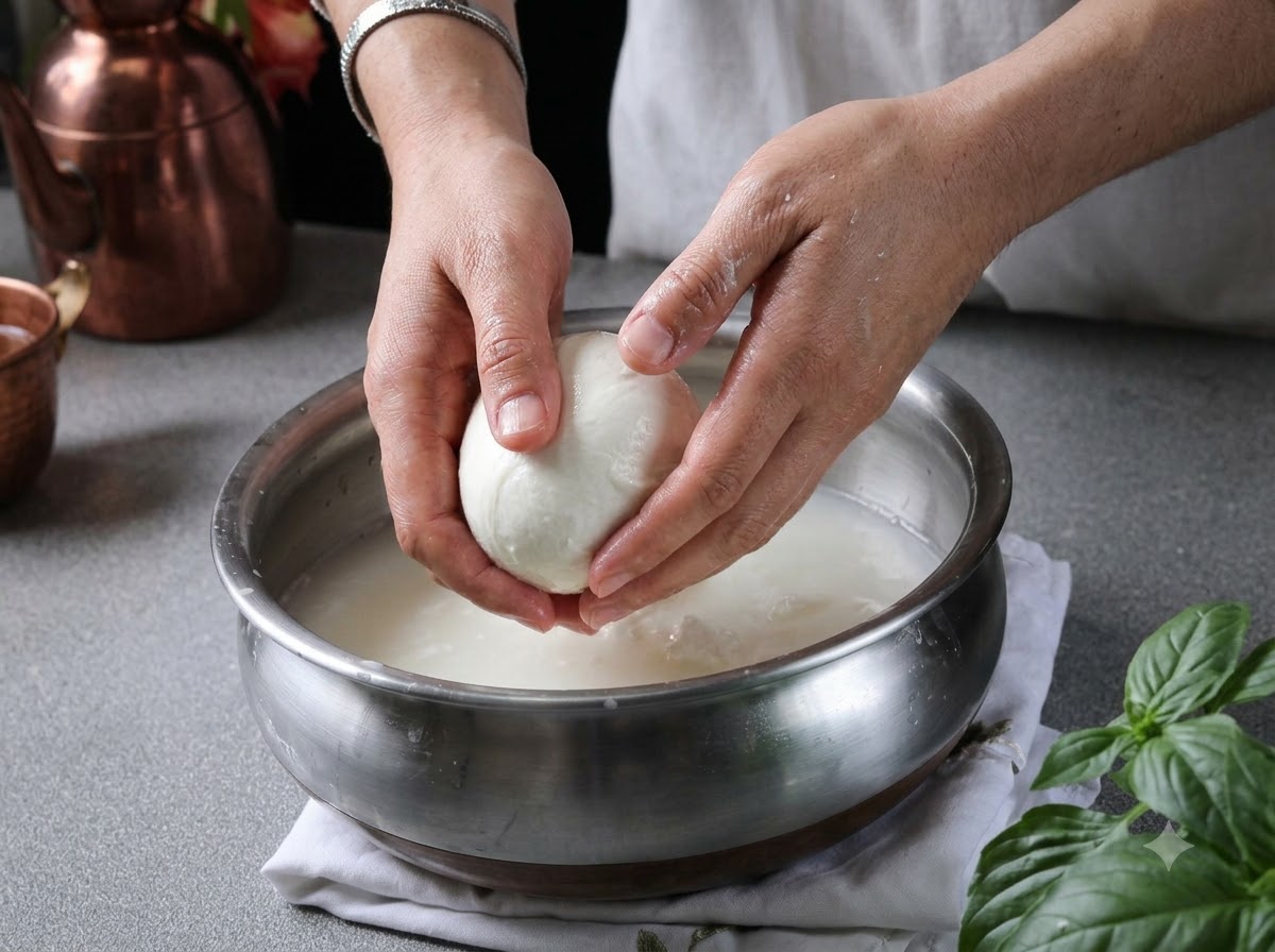 Mani che formano una sfera liscia di mozzarella fresca sommersa in una ciotola di metallo con acqua.