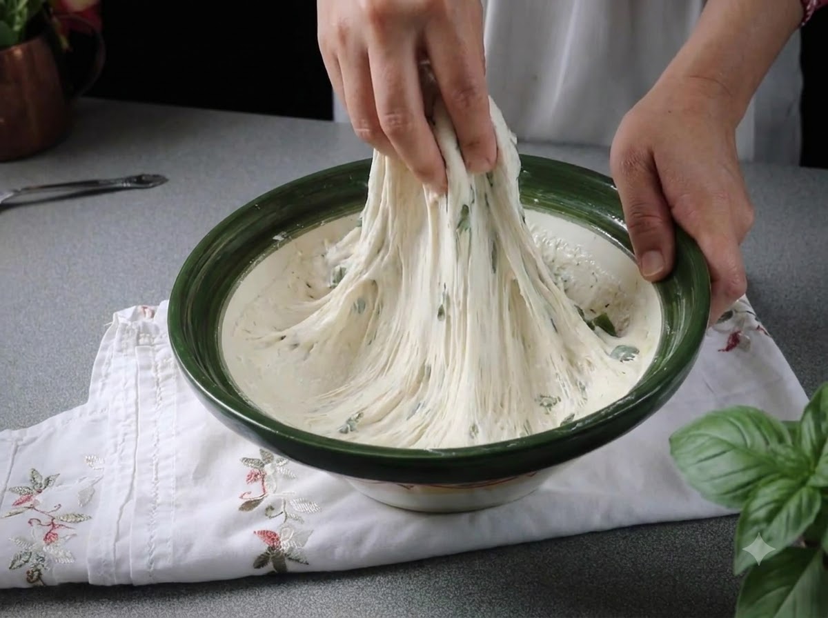 Mani che tirano e allungano limpasto per pizza fermentato appiccicoso verso lalto dallinterno di una ciotola con bordo verde.