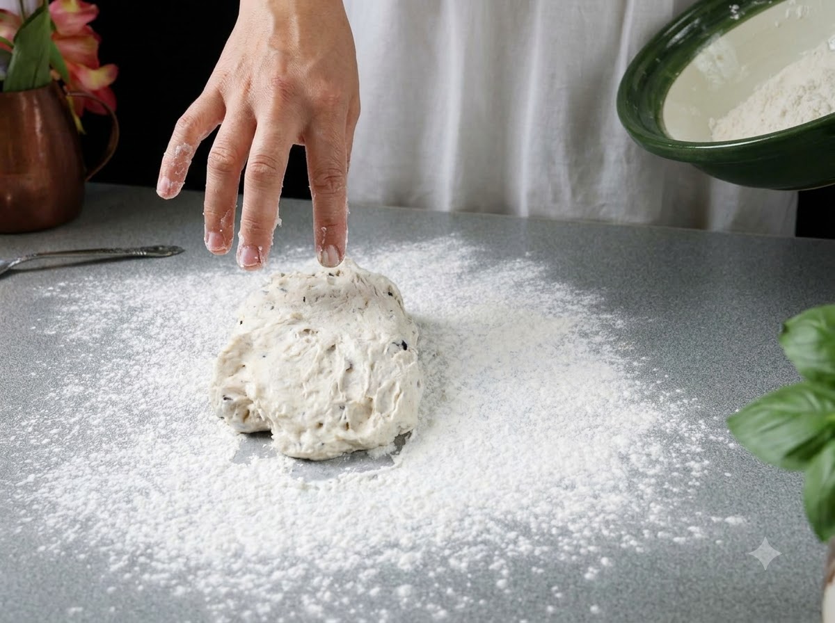 Una mano sospesa sopra un mucchio di impasto per pizza adagiato su un piano di lavoro grigio infarinato.