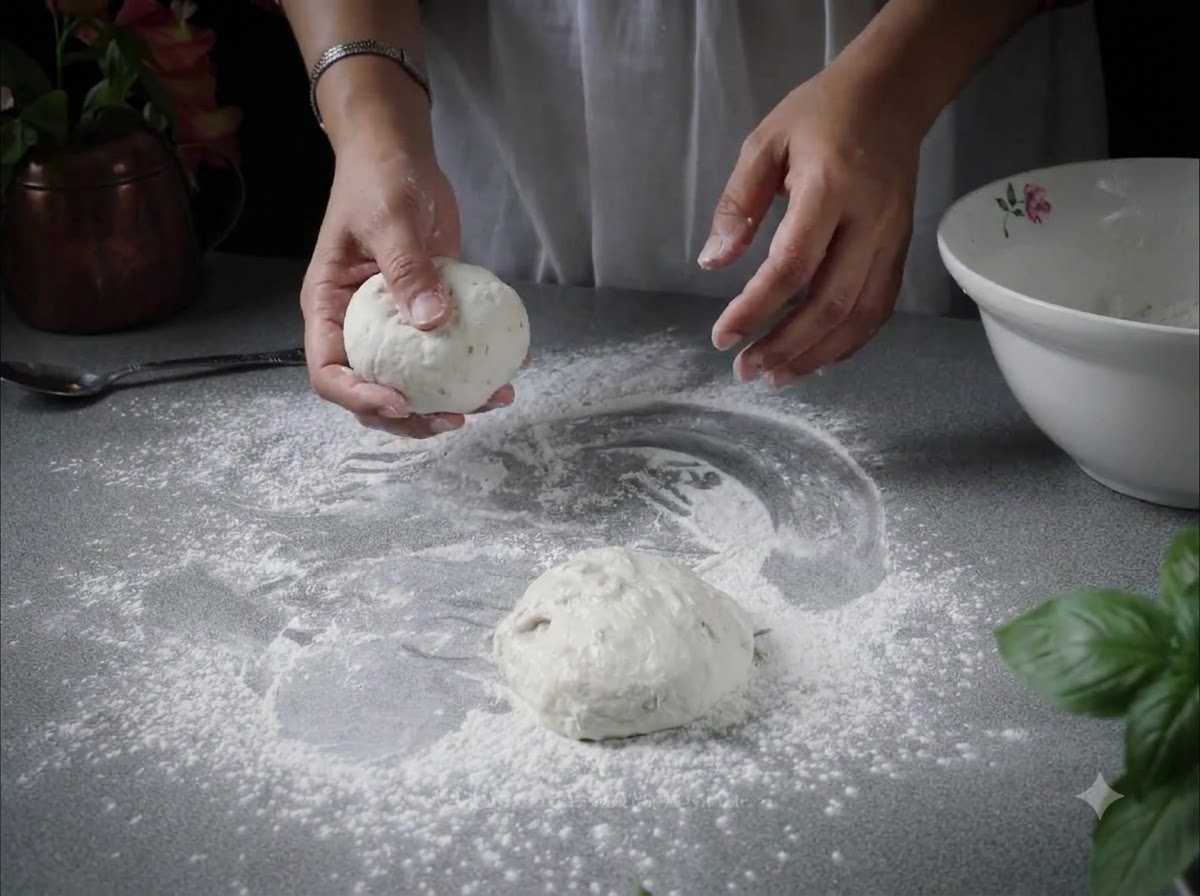 Mani che reggono una pallina di impasto per pizza modellata tonda accanto a unaltra pallina di impasto su una superficie infarinata.