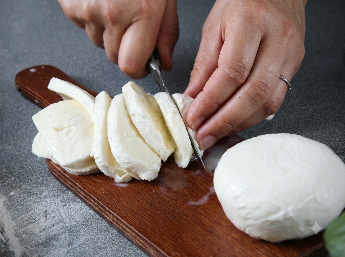 Un coltello che taglia una palla di formaggio mozzarella fresca su un tagliere di legno, con diverse fette già tagliate.