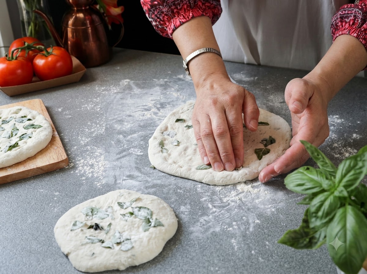 Mani che stendono un disco rotondo di impasto per pizza su una superficie infarinata circondata da foglie di basilico fresco.