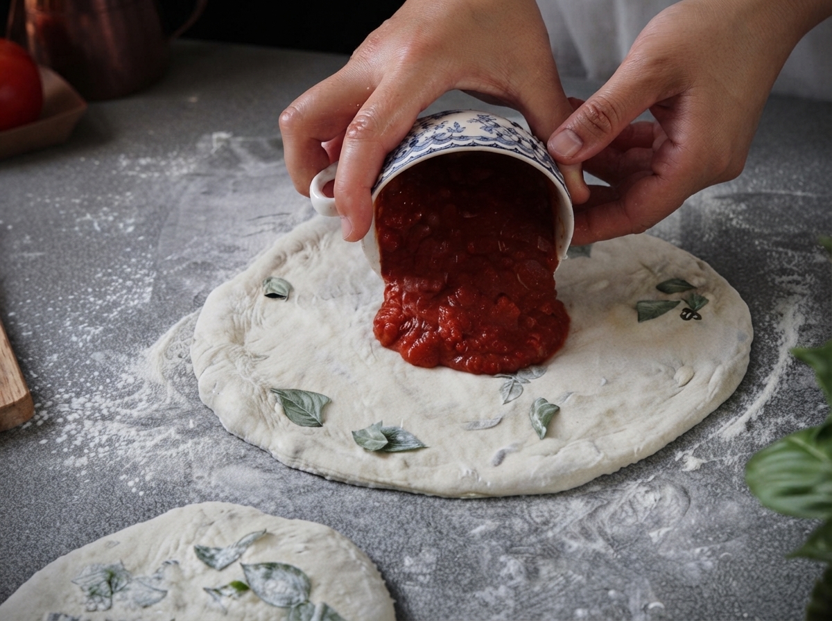 Salsa di pomodoro rosso denso svuotata da una piccola ciotola decorata al centro di un impasto per pizza piatto.