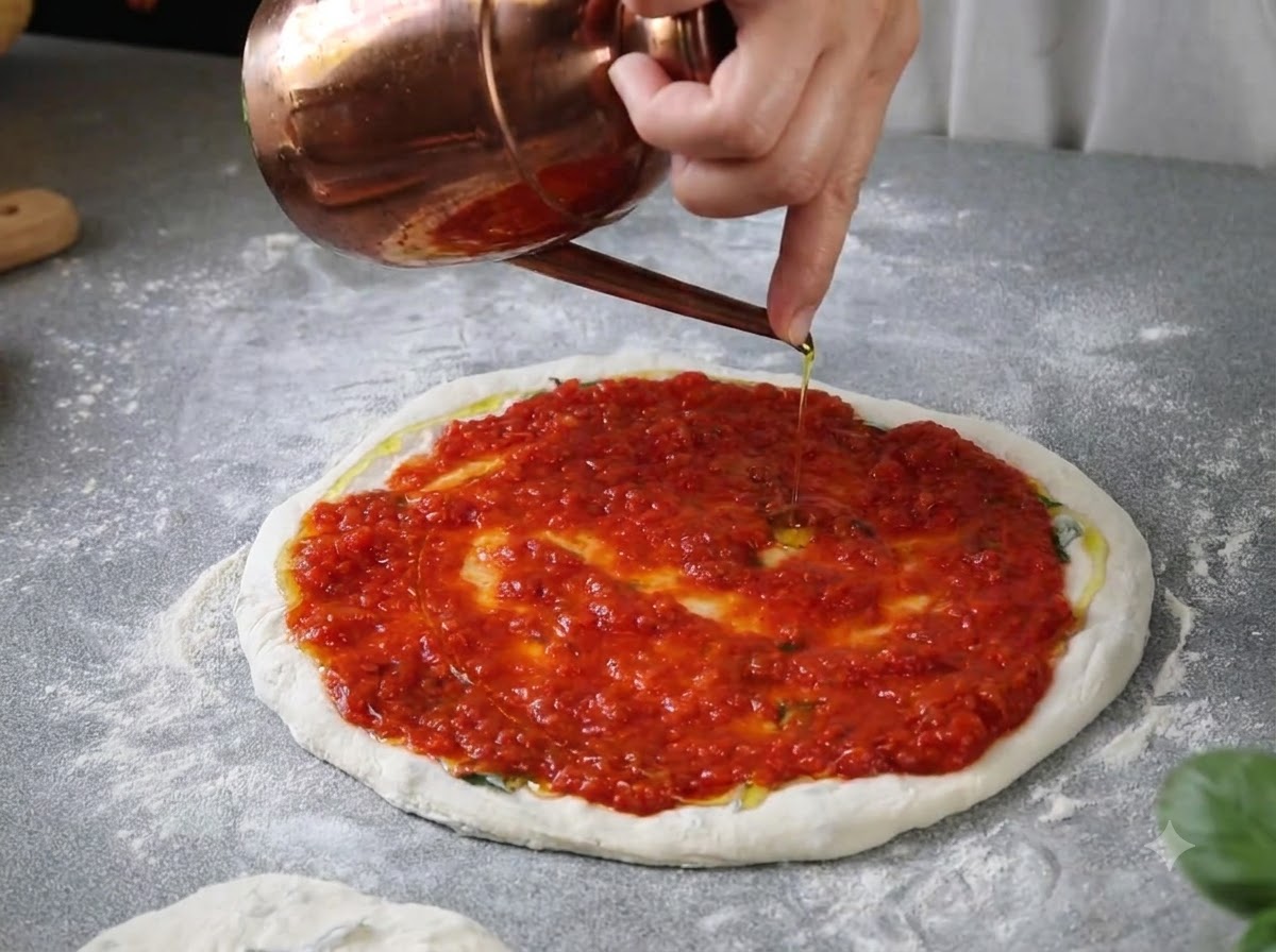 Olio extravergine di oliva versato da unoliera di rame in un flusso sottile sopra uno strato di salsa di pomodoro rosso.