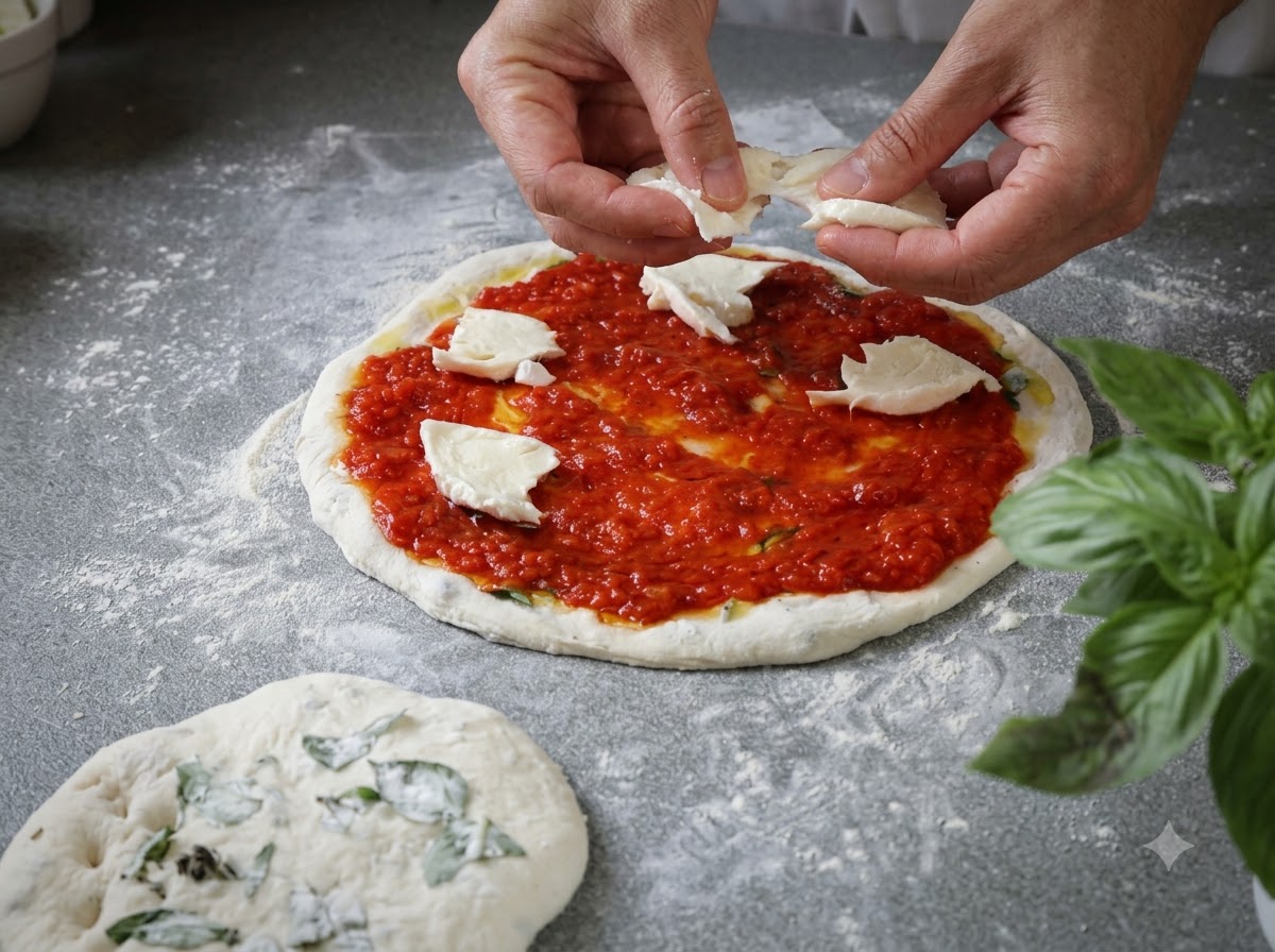 Mani che strappano e posizionano pezzi bianchi di formaggio mozzarella fresca sulla salsa di pomodoro rosso su impasto per pizza crudo.
