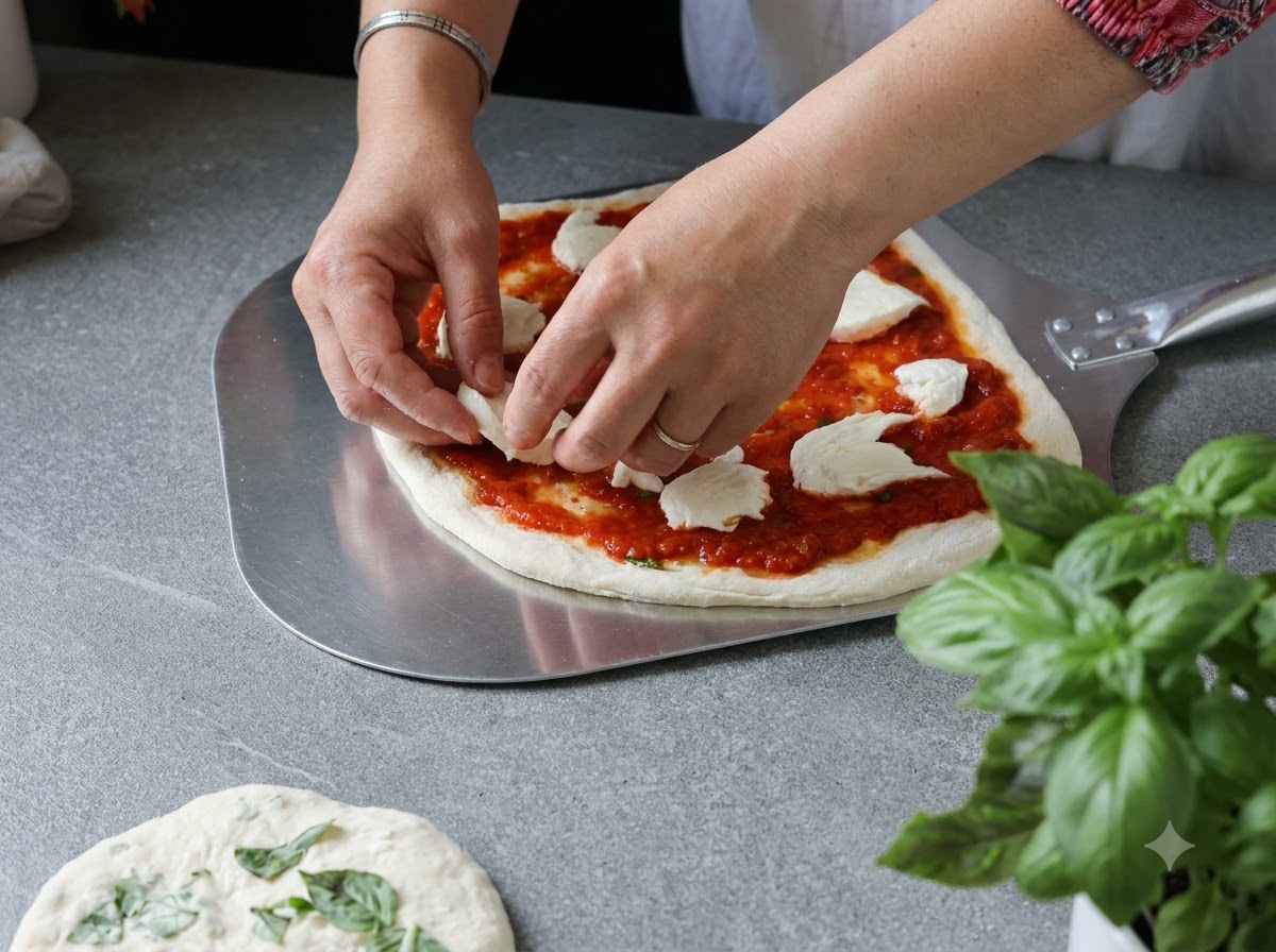 Mani che posizionano una pizza cruda preparata su una grande pala di metallo su un bancone della cucina.