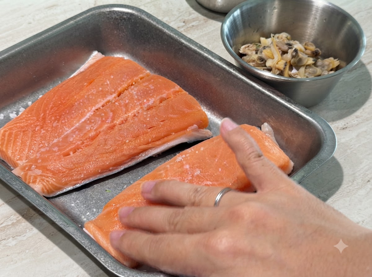 Una mano che preme leggermente sale e pepe nero sui filetti di salmone crudo.