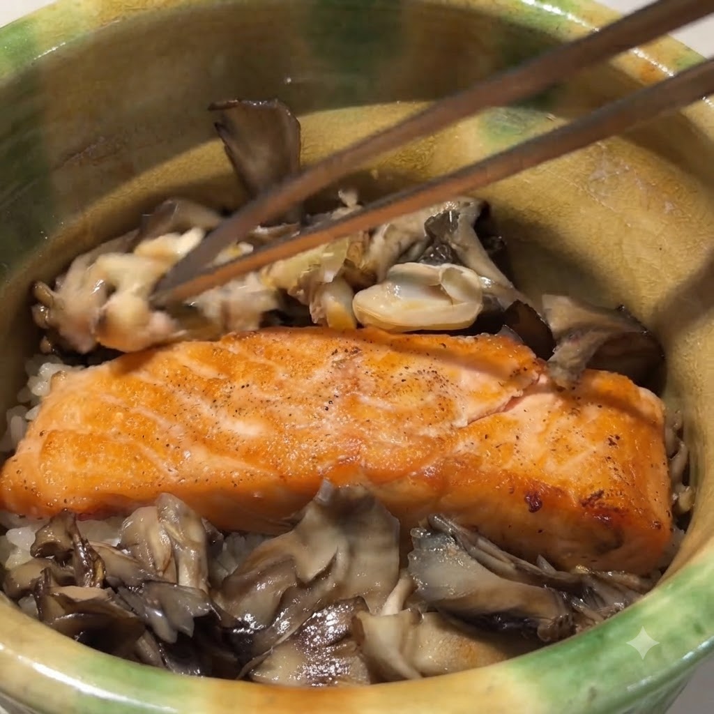 Polpa di vongole sgusciata e germogli di sedano verde disposti sul piatto con le bacchette.