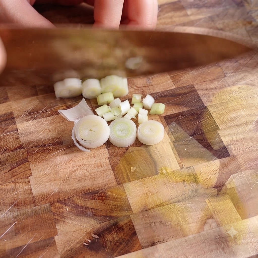 Un coltello da chef che taglia delle patate sbucciate su un tagliere di legno a cubetti delle dimensioni di un boccone.